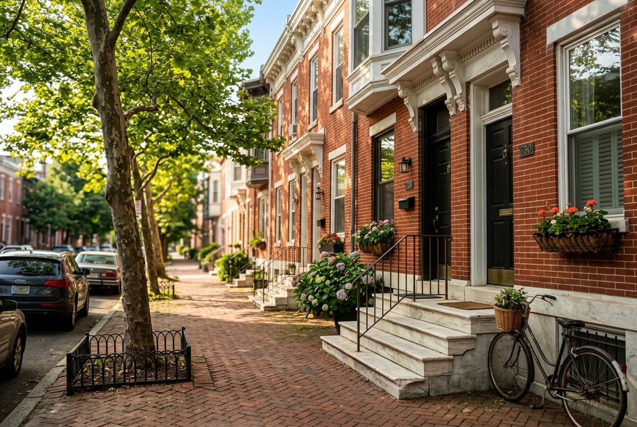 A sunny block of brick Philadelphia rowhomes with marble steps