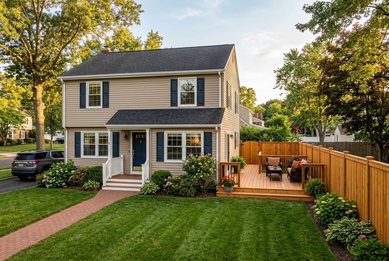 A South Jersey colonial home with a new deck and stained privacy fence