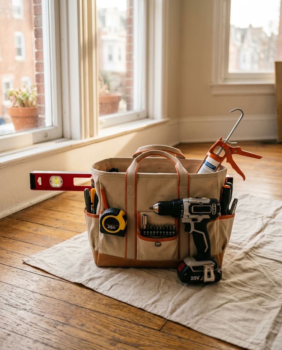 An organized canvas tool bag on a drop cloth on a hardwood floor