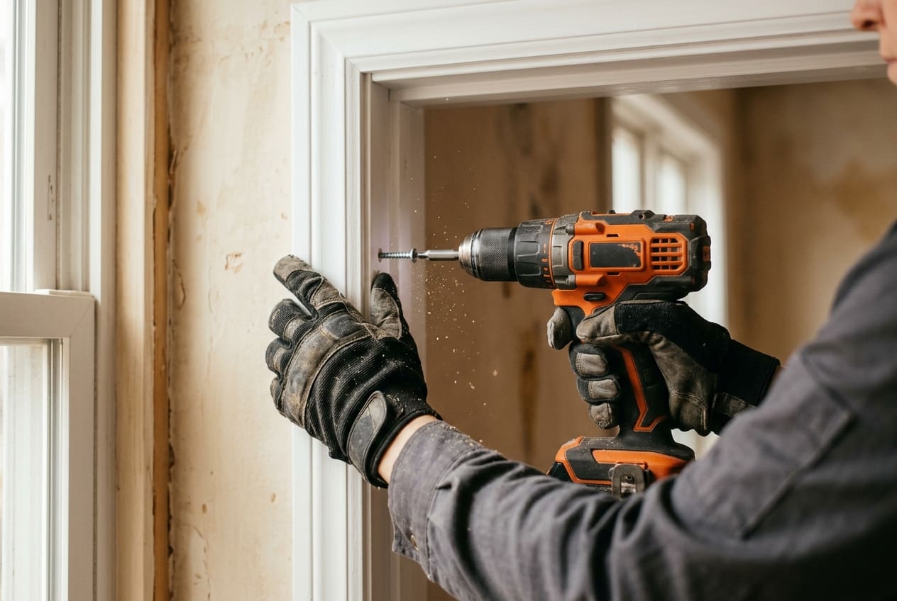 Cordless drill driving a screw into new white door casing